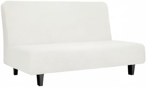 Easy-Going Stretch Futon Slipcover Armless Futon Bed Cover Furniture Protector Without Armrests with Elastic Bottom for Kids, Soft Jacquard Fabric Small Checks (Medium, Cream)