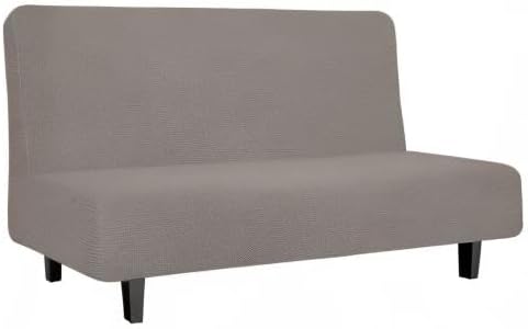 Easy-Going Stretch Futon Slipcover Armless Futon Bed Cover Furniture Protector Without Armrests with Elastic Bottom for Kids, Soft Jacquard Fabric Small Checks (Medium, Taupe)