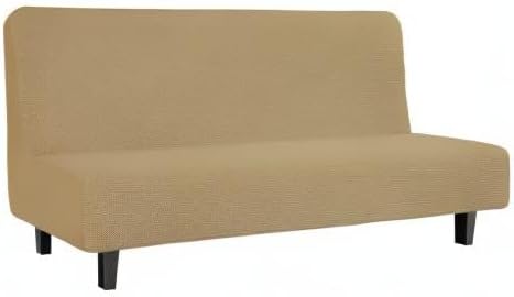 Easy-Going Stretch Futon Slipcover Armless Futon Bed Cover Furniture Protector Without Armrests with Elastic Bottom for Kids, Soft Jacquard Fabric Small Checks (Large, Golden)