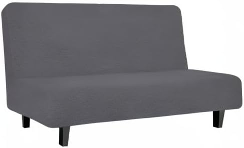 Easy-Going Stretch Futon Slipcover Armless Futon Bed Cover Furniture Protector Without Armrests with Elastic Bottom for Kids, Soft Jacquard Fabric Small Checks (Medium, Grey)