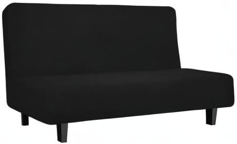 Easy-Going Stretch Futon Slipcover Armless Futon Bed Cover Furniture Protector Without Armrests with Elastic Bottom for Kids, Soft Jacquard Fabric Small Checks (Medium, Black)