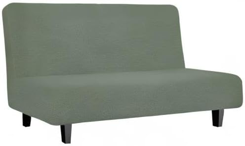 Easy-Going Stretch Futon Slipcover Armless Futon Bed Cover Furniture Protector Without Armrests with Elastic Bottom for Kids, Soft Jacquard Fabric Small Checks (Medium, Greyish Green)