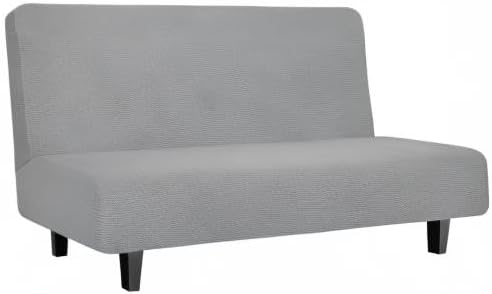 Easy-Going Stretch Futon Slipcover Armless Futon Bed Cover Furniture Protector Without Armrests with Elastic Bottom for Kids, Soft Jacquard Fabric Small Checks (Medium, Light Gray)
