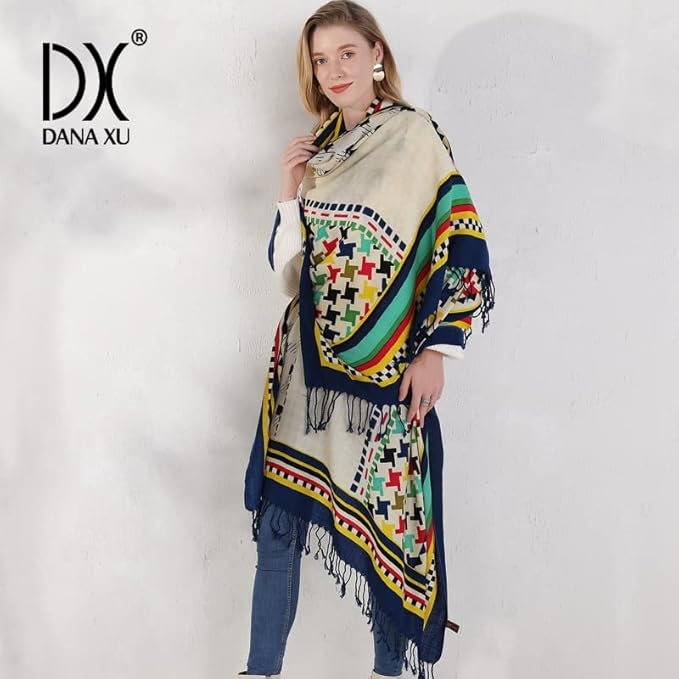 DANA XU 100% Merino Wool Pashmina Shawl for Women 96"x43", Oversized Cashmere Wrap with Tassels, Floral Travel Blanket Cape