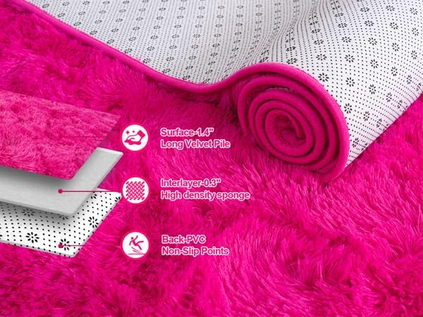 Large Fuzzy Rug 8x10 Feet Hot Pink Fluffy Rug for Living Room, Big Plush Non-Skid Shag Carpet, Soft Shaggy Rugs for Bedroom Indoor Modern Home Decor