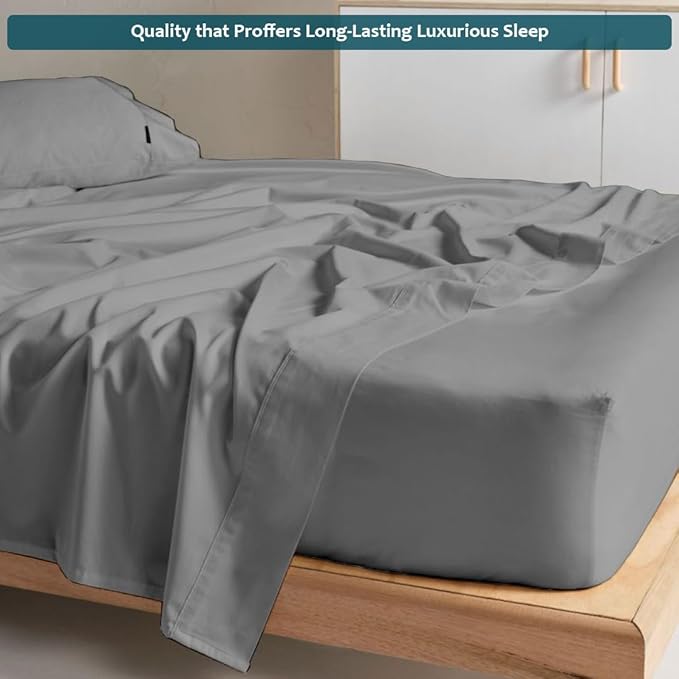 Full Size Bed Sheets Set - Luxury 338 Thread Count 100% Egyptian Cotton Sateen, Cooling Sheets, Deep Pockets with All Around Elastic for a, Hotel Quality Bedding Set (Light Grey Solid)