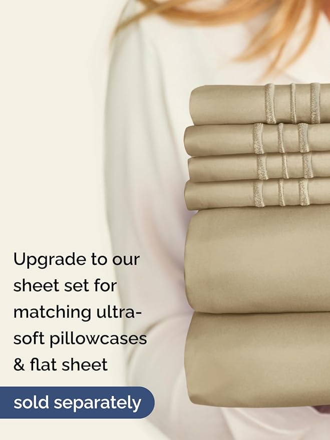 Extra Deep Queen Fitted Sheet - Hotel Luxury Single Fitted Sheet Only - Easily Fits 18 inch to 24 inch Mattress - Ultra Soft, Wrinkle Free w/Extra Deep Pockets - Easy-Care, Breathable & Comfy - Beige