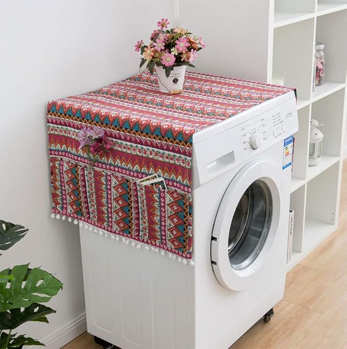 AKOAK 1 Pack 55 x 130cm /22 "x 51" Geometric Washing Machine Refrigerator Dust Cover, Multi-Purpose Household Cotton Linen Dust Microwave Cover, with Storage Pouch (Red Triangle)