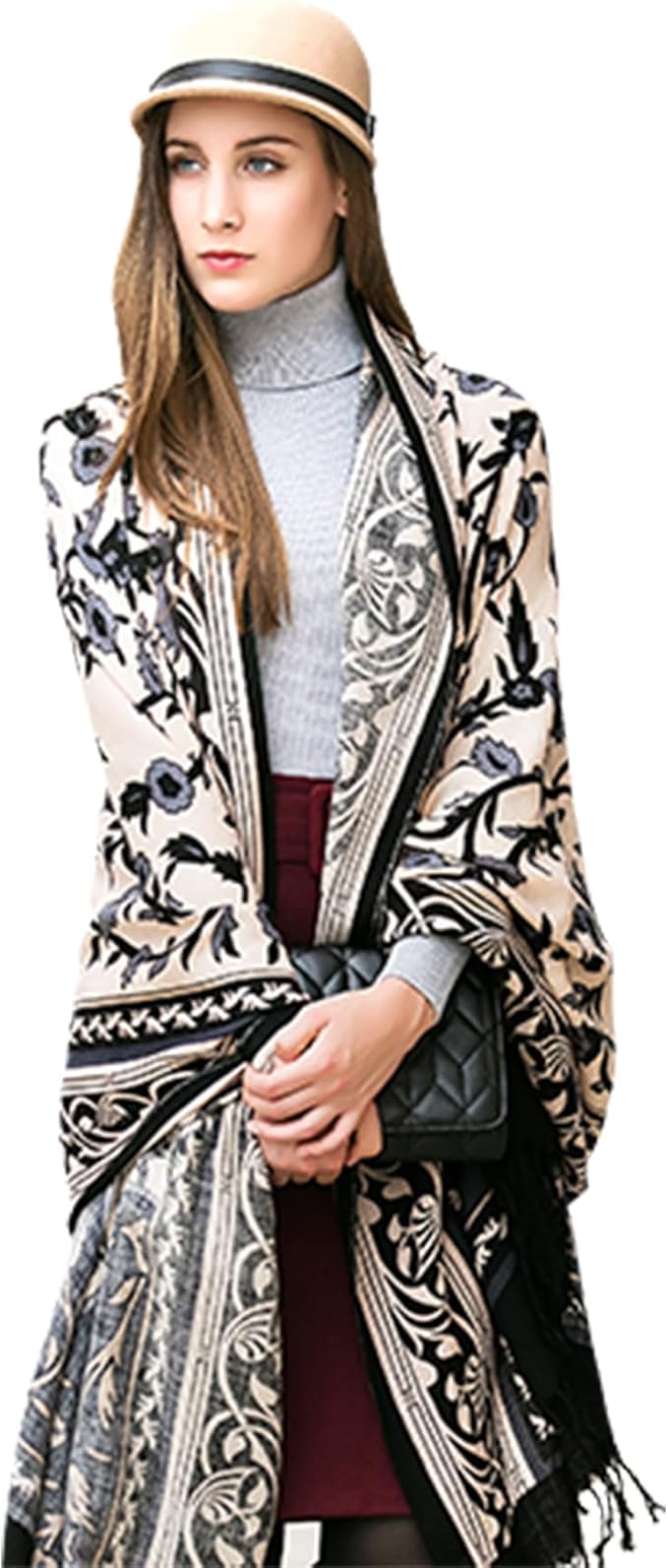 DANA XU 100% Merino Wool Extra Large Pashmina Blanket Travel Scarf Cashmere Wrap for Women Fall Winter Oversize Shawl Floral
