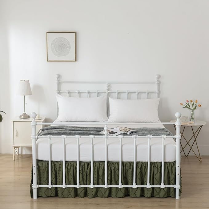 Bed Skirt King Size Ruffled Bed Skirt with Split Corners, 14 Inch Drop Dust Ruffle Bed Skirts with Platform, Boho Tufted Shabby Chic King Size Bed Skirts, Olive Green