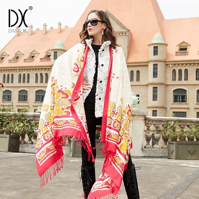 DANA XU 100% Merino Wool Pashmina Shawl for Women 96"x43", Oversized Cashmere Wrap with Tassels, Floral Travel Blanket Cape
