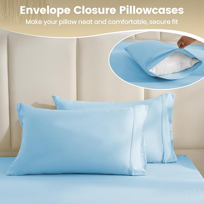 Silky Soft King Sheet Set - Luxury 4 Piece Breathable Cooling Sheets for King Size Bed, 16" Deep Pocket Easy Care Wrinkle Free Bedding Sheet and Pillowcase Set, Sky Blue