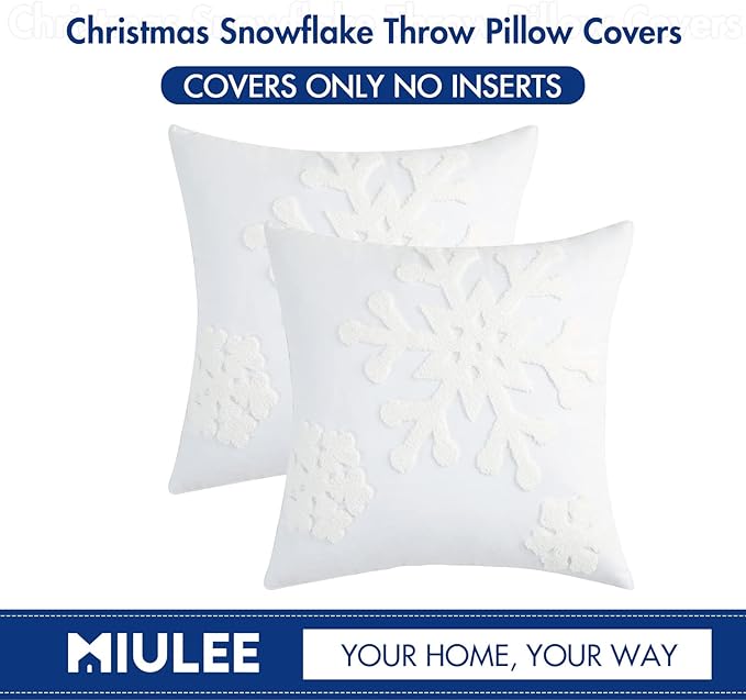 MIULEE Pack of 2 Christmas Decorative Snowflake Throw Pillow Covers Canvas Embroidery Winter Cushion Cases Holiday Decor Soft Pillowcases for Winter Couch Sofa Bedroom Car(White, 16x16in)