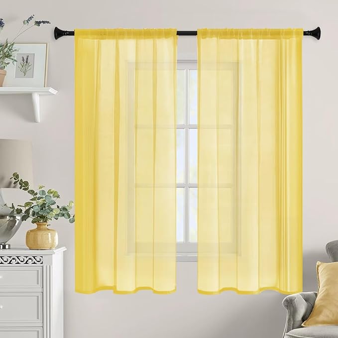 Sheer Curtains 45 Inches Long 2 Panels, Rod Pocket Short Curtain for Kitchen, Bedroom, Cafe Window(Yellow 38" W x 45" L)