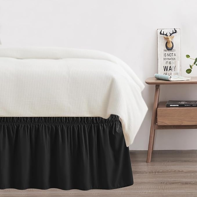 Twin Bed Skirt, Elastic Wrap Around Bed Skirt Twin Size, Bed Skirts for Adjustable Bed, Easy Fit with 14" Drop Length Tailored Drop Dust Ruffle (Black)