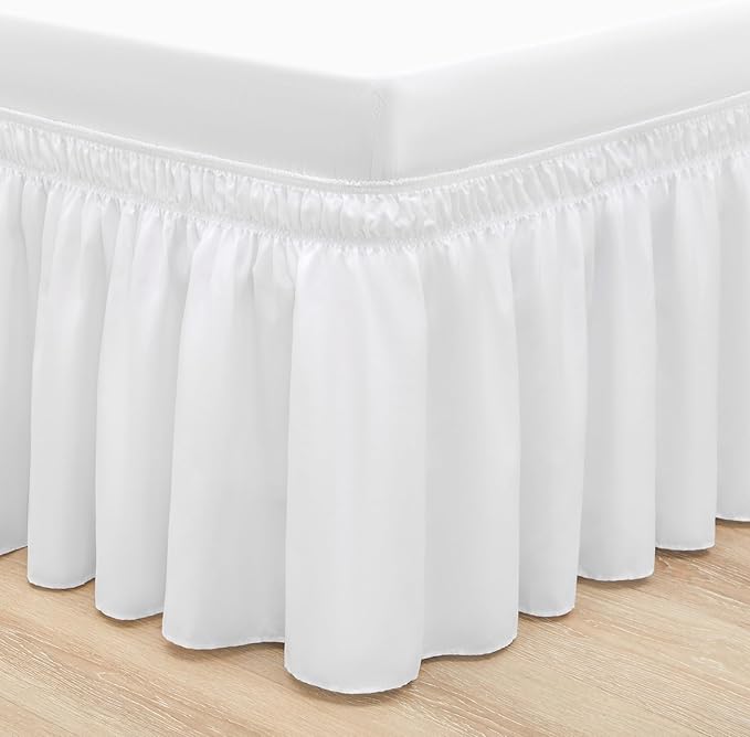 RIMELA White Bed Skirt King Size 16 Inch Drop, Elastic Bed Skirting for Bed Base and Frame, Bedding Dust Ruffle Easy to Install, Lightweight Wrap Around Adjustable Bedskirt