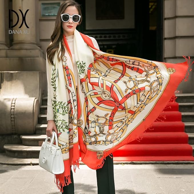 DANA XU 100% Merino Wool Extra Large Pashmina Blanket Travel Scarf Cashmere Wrap for Women Fall Winter Oversize Shawl Floral