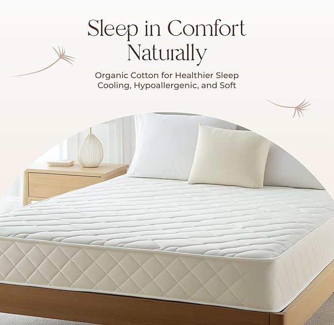 100% Cotton Organic Mattress Protector - Breathable & Cooling Mattress Protector Queen Size - Premium 300GSM Quilted and Noiseless Machine Washable Organic Cotton Mattress Protector (Ivory, Cal King)