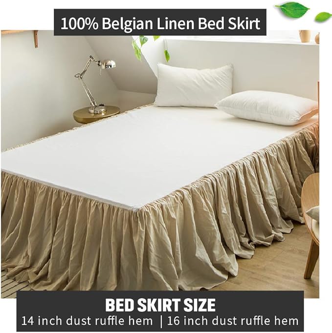 Simple&Opulence Belgian Linen Bed Skirt with Classic 16 inch Tailored Drop Dust Ruffle, Easy Fit Breathable Premium Natural Flax- Pleated Linen,Queen