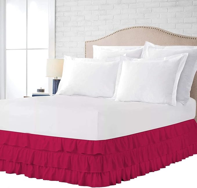 Multi-Ruffle Bed Skirt, Soft Multi Ruffle Bed Skirt Elastic Dust Ruffles with Wrap Around Bed Skirt Easy Fit with 18 Inch Drop 100% Cotton 800 Thread Count Bed Skirt (Full XXL, Hot Pink)