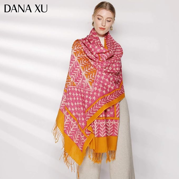 DANA XU 100% Merino Wool Pashmina Shawl for Women 96"x43", Oversized Cashmere Wrap with Tassels, Floral Travel Blanket Cape