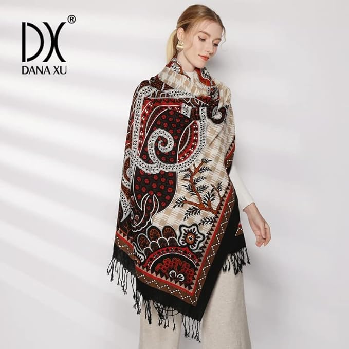 DANA XU 100% Merino Wool Pashmina Shawl for Women 96"x43", Oversized Cashmere Wrap with Tassels, Floral Travel Blanket Cape
