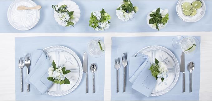 Solino Home Linen Sky Blue Table Runner 156 Inches Long - 100% Pure Linen Extra Long Table Runner 14 x 156 Inch for Christmas, New Year - Classic Hemstitch