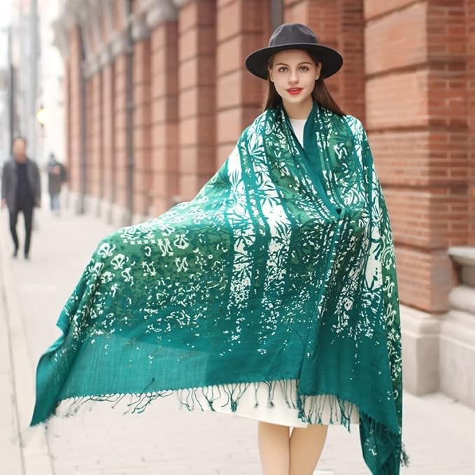 DANA XU 100% Merino Wool Pashmina Shawl for Women 96"x43", Oversized Cashmere Wrap with Tassels, Floral Travel Blanket Cape