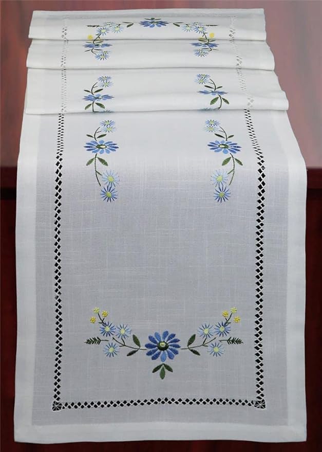 Creative Linens Hemstitched Embroidered Daisy Flower Table Runner 15x52 Dresser Scarf White Blue Rectangular