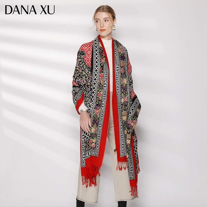 DANA XU 100% Merino Wool Pashmina Shawl for Women 96"x43", Oversized Cashmere Wrap with Tassels, Floral Travel Blanket Cape