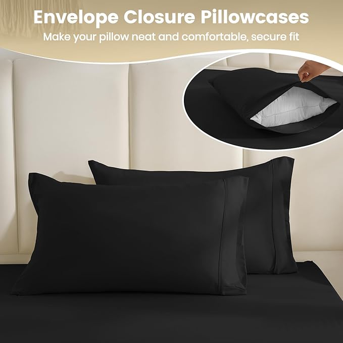 Full Sheet Set - Hotel Luxury 4 Piece Breathable and Cooling Sheets Deep Pocket Sheets Fits 16" Mattress, Easy Care Wrinkle Free Comfy Sheets Set-Bedding Sheet and Pillowcase Set, Black