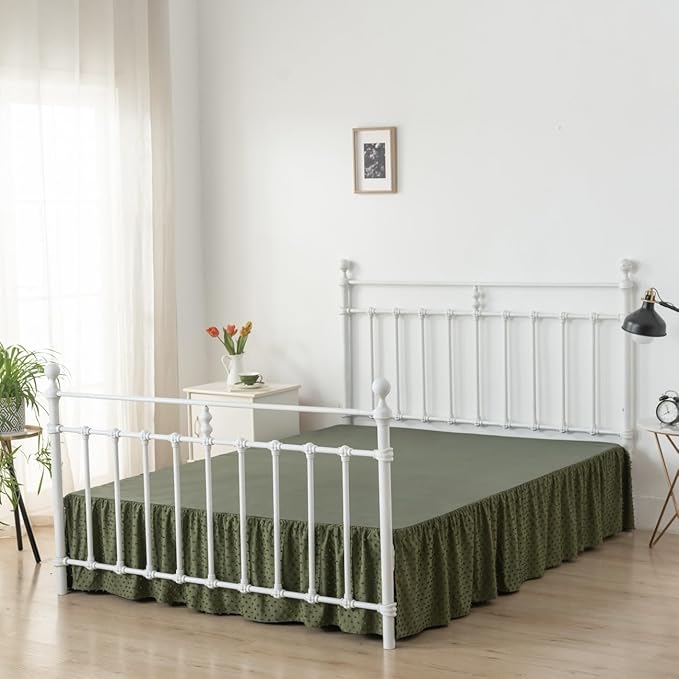 Tufted Dot Bed Skirt Queen Size Ruffled Bed Skirt with Split Corners, 16 Inch Drop Dust Ruffle Bed Skirts with Platform, Olive Green