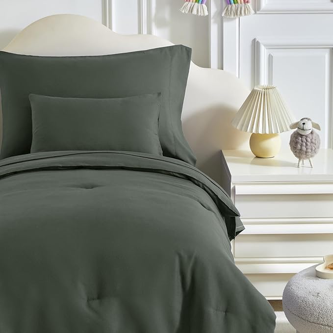 Toddler Bedding Set - 5 Piece Soft and Breathable Toddler Bed Set for Boys and Girls, Includes Quilted Comforter, Fitted Sheet, Flat Top Sheet, Standard Pillowcase and Toddler Pillowcase, Dark Green