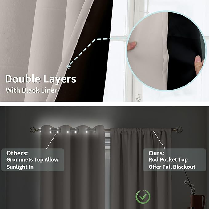BGment Short Blackout Curtains for Bedroom, Thermal Insulated Full Room Darkening Soundproof Rod Pocket Small Window Curtains 45 Inch Length, 2 Panels,Each Panel 52 Inch, Cashmere