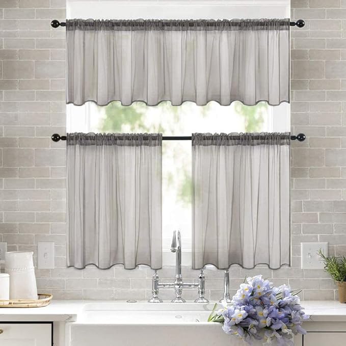 MIULEE 2 Panels Kitchen Tiers Half Window Sheer Curtains Rod Pocket Voile Drapes for Kitchen Bathroom Small Windows 29 by 36 Inch Grey