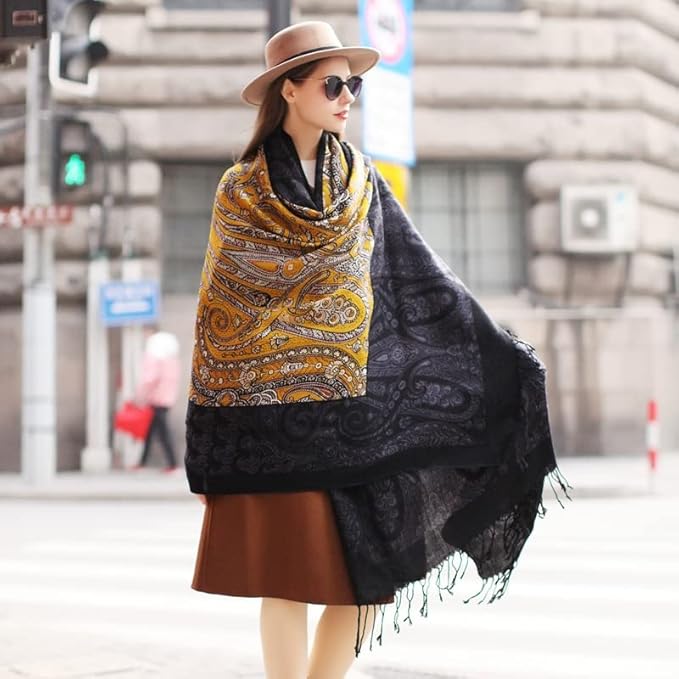 DANA XU 100% Merino Wool Extra Large Pashmina Blanket Travel Scarf Cashmere Wrap for Women Fall Winter Oversize Shawl Floral