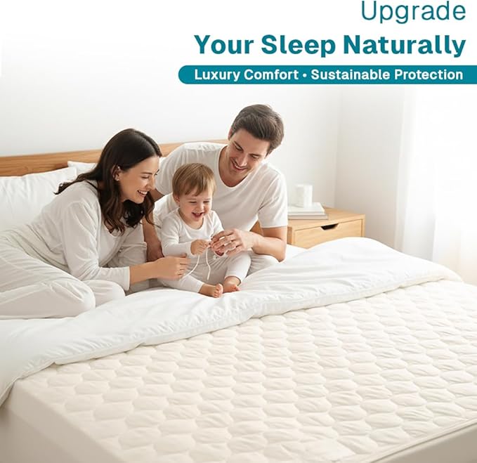 FABDREAMS Organic Quilted Mattress Protector Queen Size | Mattress Pad| Mattress Cover| Naturally Breathable | Noiseless| Fits up to 17" Deep Pocket| Temperature Regulating | Ivory
