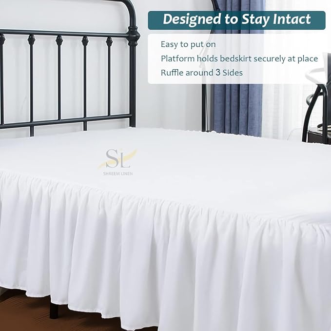Shreem Linen Ruffled Bed Skirt with Split Corners, Gathered Style, 100% Microfiber, 12-Inch Drop, Dust Ruffle Bedskirt with Platform, King, White