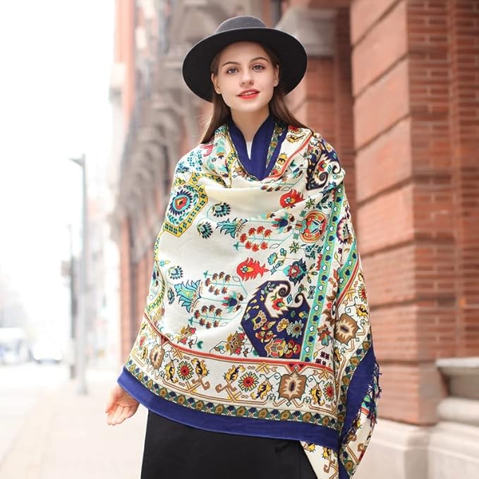 DANA XU 100% Merino Wool Pashmina Shawl for Women 96"x43", Oversized Cashmere Wrap with Tassels, Floral Travel Blanket Cape