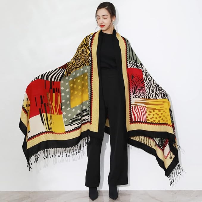 DANA XU 100% Merino Wool Pashmina Shawl for Women 96"x43", Oversized Cashmere Wrap with Tassels, Floral Travel Blanket Cape