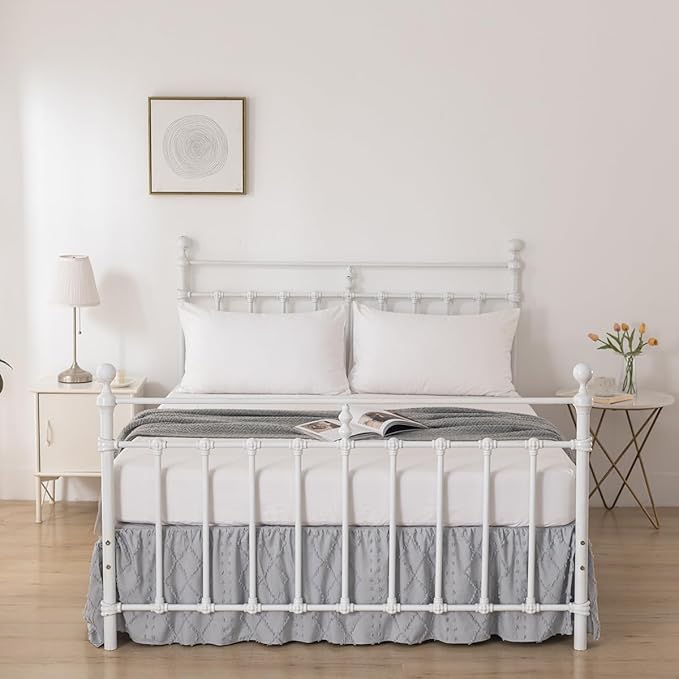 Bed Skirt Full Size Ruffled Bed Skirt with Split Corners, 18 Inch Drop Dust Ruffle Bed Skirts with Platform, Boho Tufted Shabby Chic Full Size Bed Skirts, Light Grey