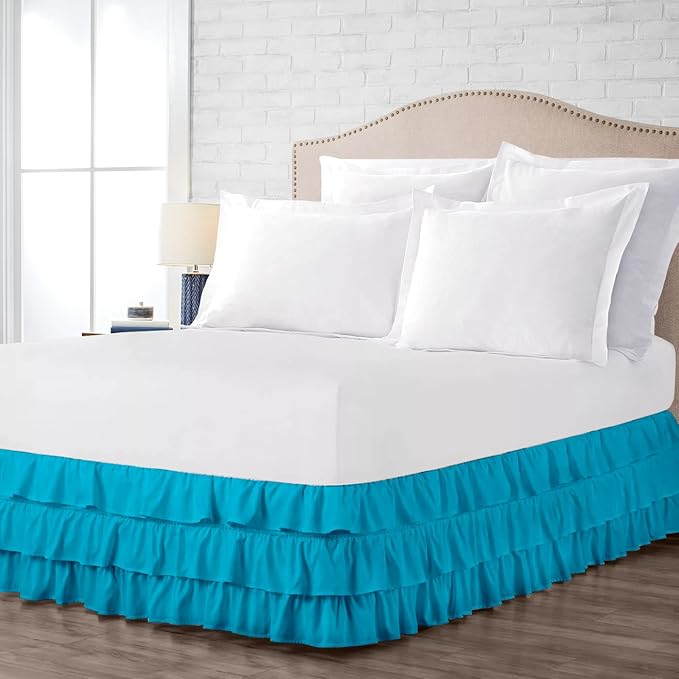 Multi-Ruffle Bed Skirt, Soft Multi Elastic Dust Ruffles with Wrap Around Bed Skirt Easy Fit with 18 Inch Drop 100% Cotton 800 Thread Count (Short Queen, Turquoise Blue)