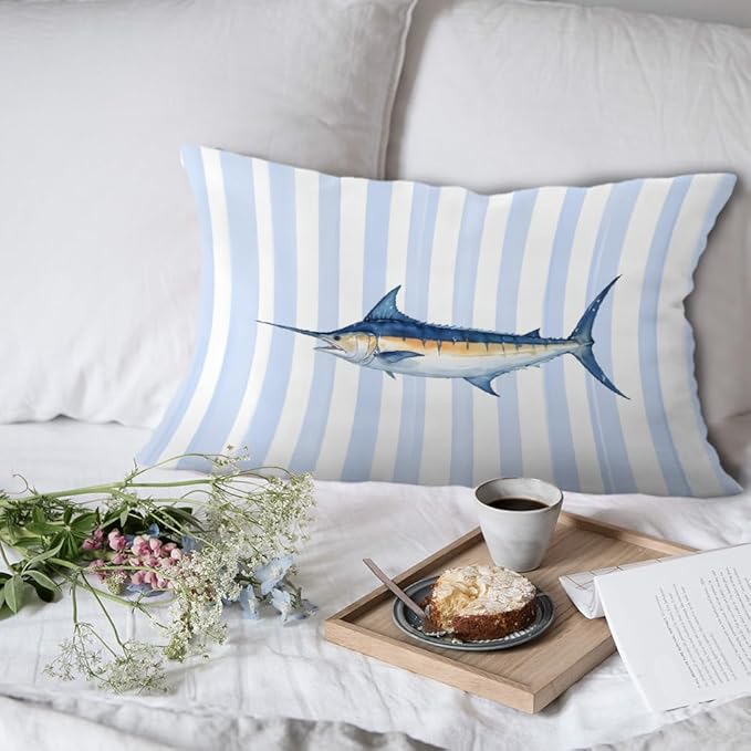 Coastal Beach Fish Pillow Covers 12x20 Set of 2, Ocean Marlin Tuna Fish Blue White Striped Lumbar Throw Pillow Covers for Boys Bedroom Beach House Home