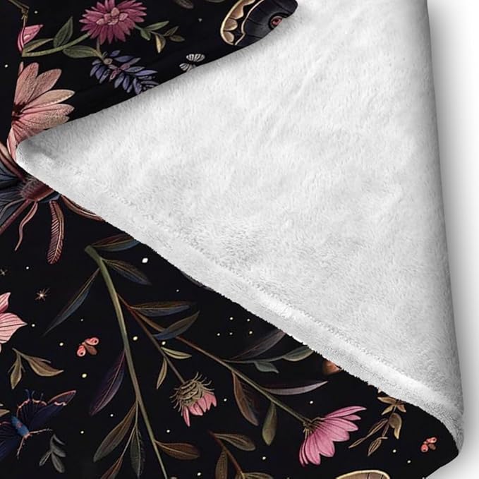 Moon Moth Throw Blanket 70"x80" Soft Cozy Lightweight Flannel,Mystical Night Garden Botanical Celestial Blankets Gifts for Women Gothic Witchy Blanekts for Couch Office Travel Home Decor