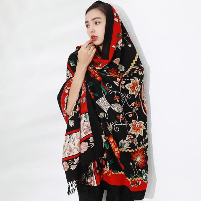 DANA XU 100% Merino Wool Pashmina Shawl for Women 96"x43", Oversized Cashmere Wrap with Tassels, Floral Travel Blanket Cape