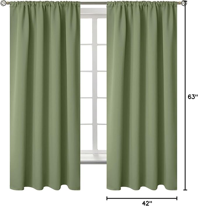 BGment Olive Green Blackout Curtains for Bedroom 63 Inches Long - Rod Pocket Thermal Insulated Room Darkening Drapes for Living Room Office Privacy, 42 x 63 Inch, 2 Panels