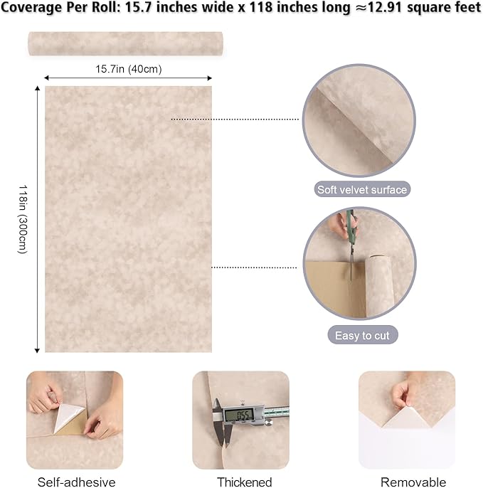 Beige Felt Drawer Liner Self Adhesive Velvet Flocking Liner Roll for Jewelry Drawer Dresser 15.7"x118" Soft Velvet Wallpaper Peel and Stick Beige Felt Fabric Sheets for Box Lining DIY Crafts