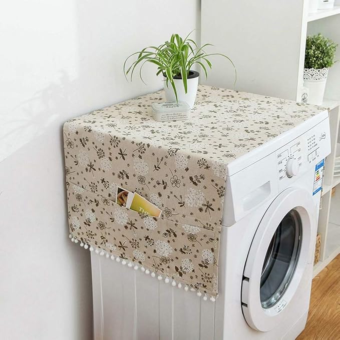 AKOAK 1 Pack 55 x 130cm /22 "x 51" Geometric Washing Machine Refrigerator Dust Cover, Multi-Purpose Household Cotton Linen Dust Microwave Cover, with Storage Pouch (Grey Dandelion)