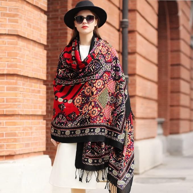 DANA XU 100% Merino Wool Pashmina Shawl for Women 96"x43", Oversized Cashmere Wrap with Tassels, Floral Travel Blanket Cape
