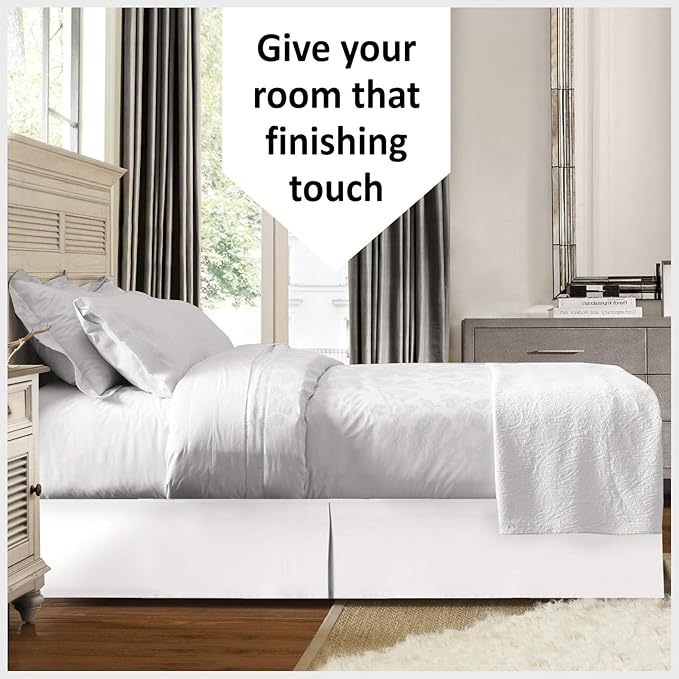 Bed Skirt - 100% Cotton 800 Thread Count Box Pleated Bed Skirt - Luxury Pleated Dust Ruffle, Hotel Quality Modern Bed Skirt, Easy Fit with 12 Inch Tailored Drop, RV King, White